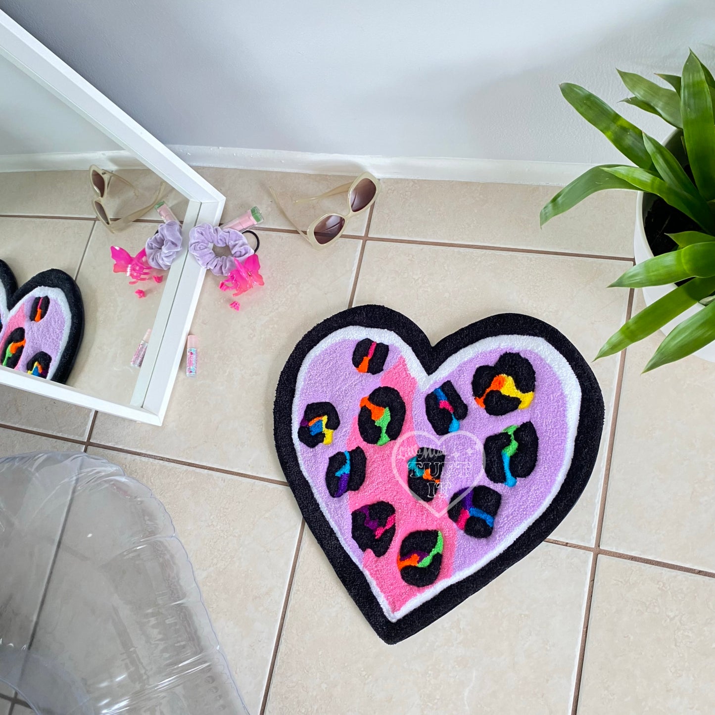 Rainbow Leopard Heart Tufted Wall Hanging 17”