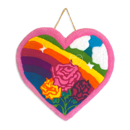 Roses + Rainbow Heart Tufted Wall Hanging 17”
