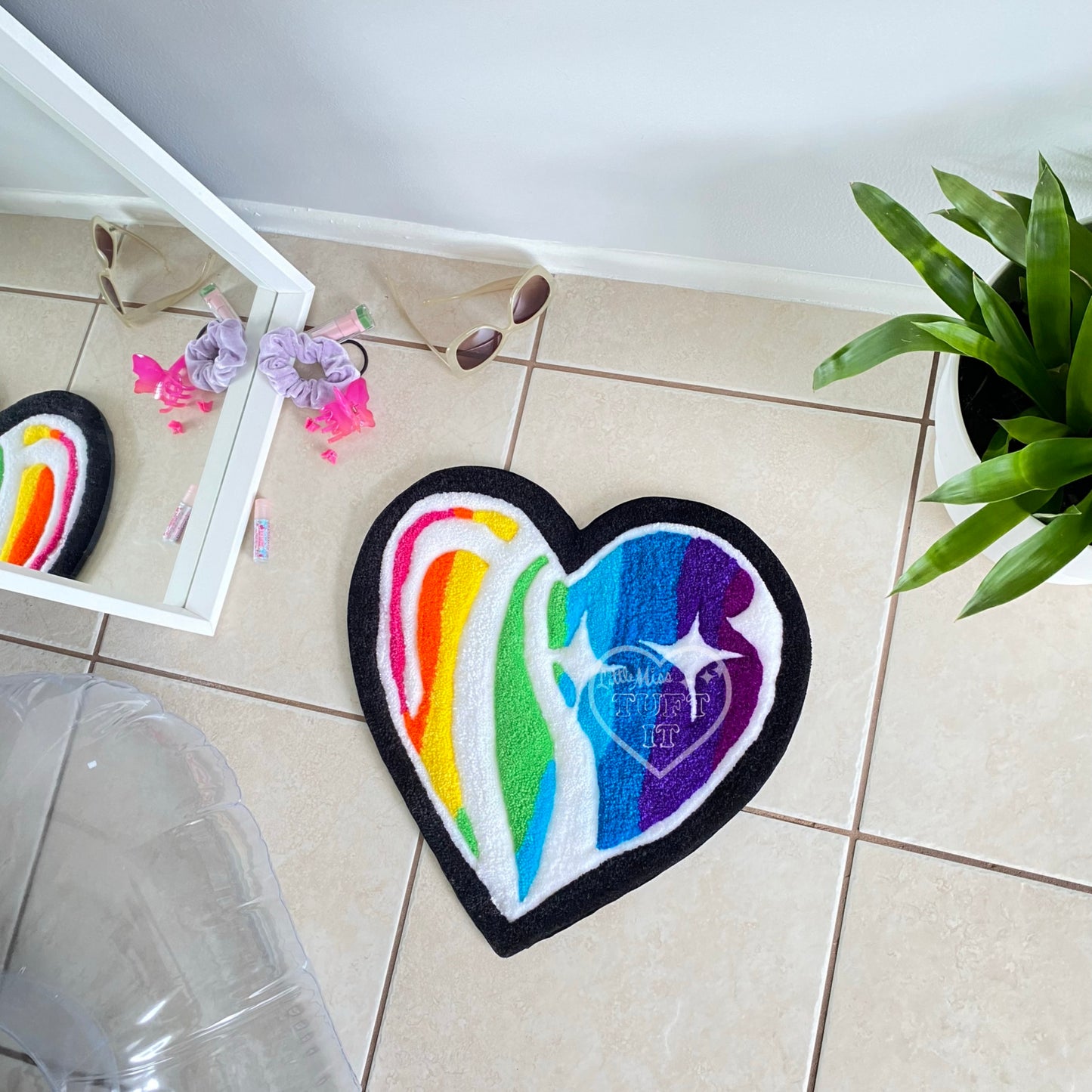 Rainbow Glass Heart Tufted Wall Hanging 17”