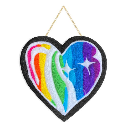 Rainbow Glass Heart Tufted Wall Hanging 17”