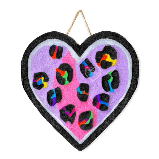 Rainbow Leopard Heart Tufted Wall Hanging 17”