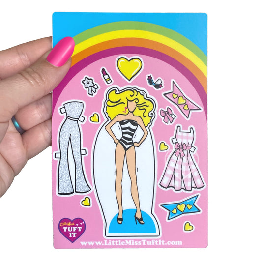 Pink Paper Doll Babe Waterproof Sticker Sheet 4"x6"